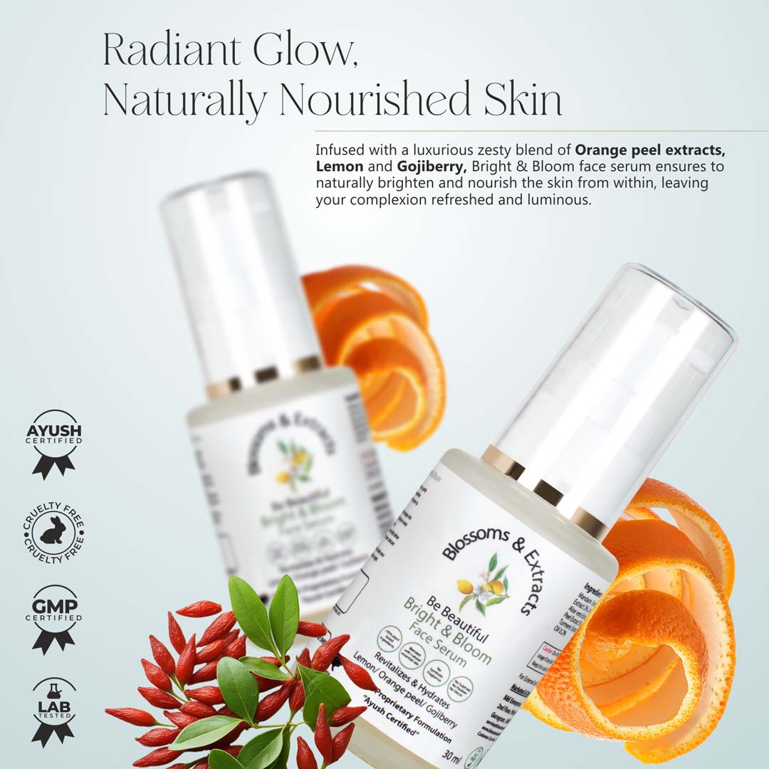 Blossoms & Extracts BRIGHT & BLOOM FACE SERUM Glow Brighter, Shine Naturally, Mandarin Extract, Goji Berry Extract, Licorice Extract, Aloe Vera Extract