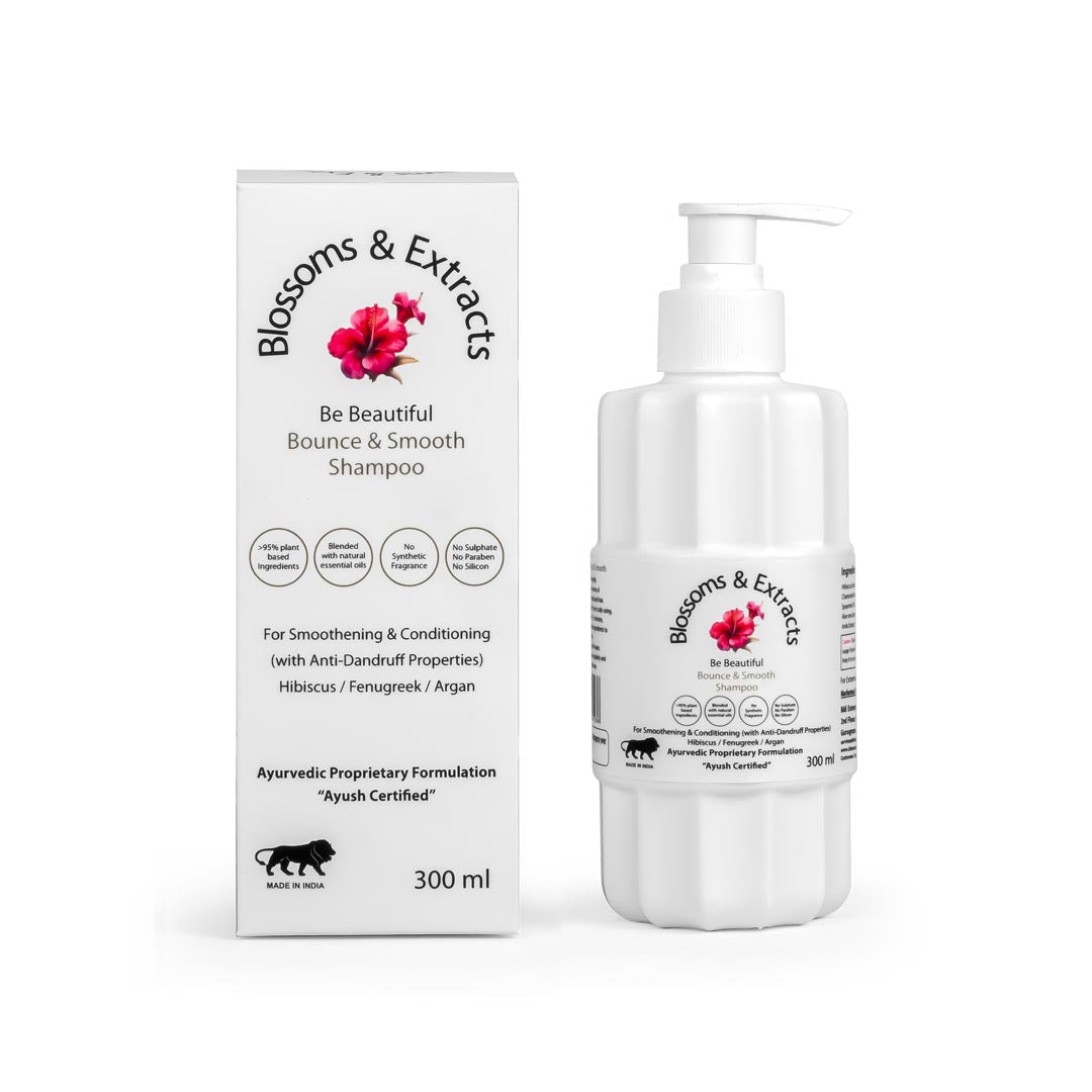 Blossoms & Extracts BOUNCE & SMOOTH Shampoo for Smoothening & Conditioning Shampoo with Hibiscus/ Fenugreek & Argan Oil (Blended with Essential Oils & Ayurvedic Herbs)