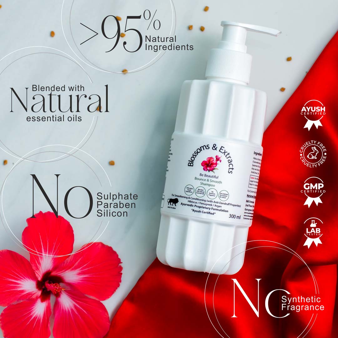 Blossoms & Extracts BOUNCE & SMOOTH Shampoo for Smoothening & Conditioning Shampoo with Hibiscus/ Fenugreek & Argan Oil (Blended with Essential Oils & Ayurvedic Herbs)