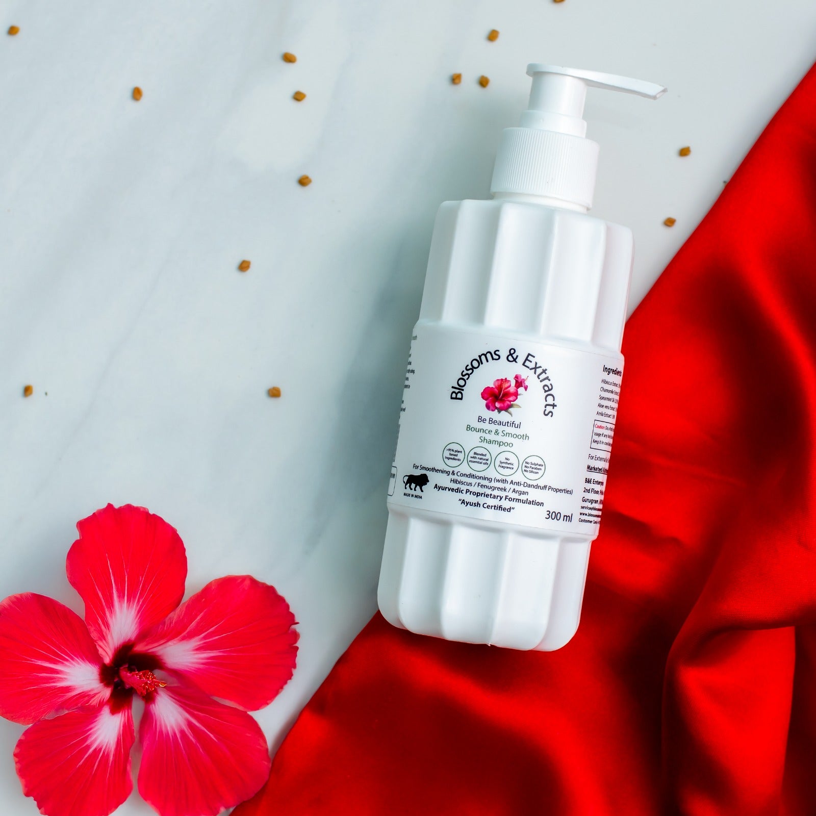 Blossoms & Extracts BOUNCE & SMOOTH Shampoo for Smoothening & Conditioning Shampoo with Hibiscus/ Fenugreek & Argan Oil (Blended with Essential Oils & Ayurvedic Herbs)