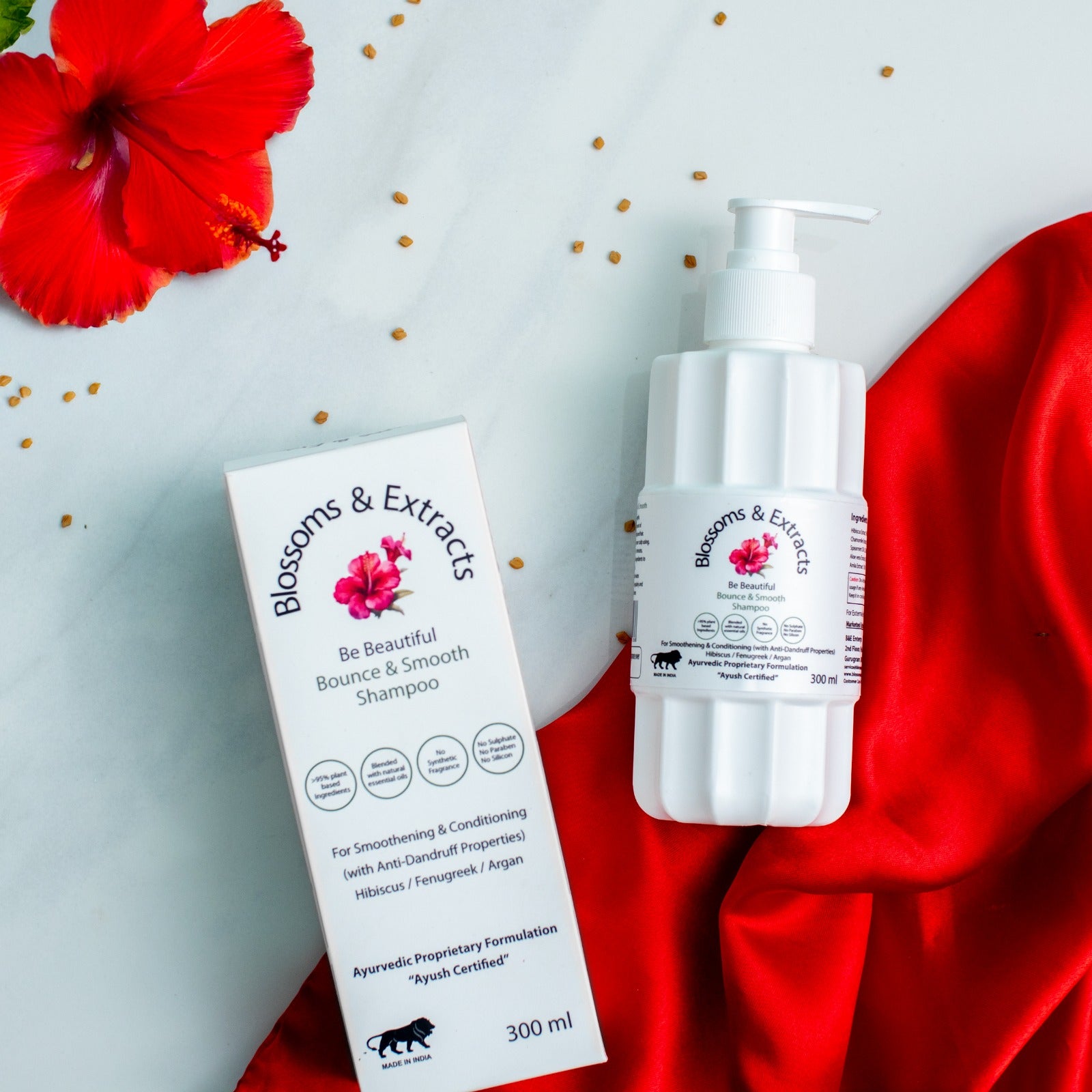 Blossoms & Extracts BOUNCE & SMOOTH Shampoo for Smoothening & Conditioning Shampoo with Hibiscus/ Fenugreek & Argan Oil (Blended with Essential Oils & Ayurvedic Herbs)